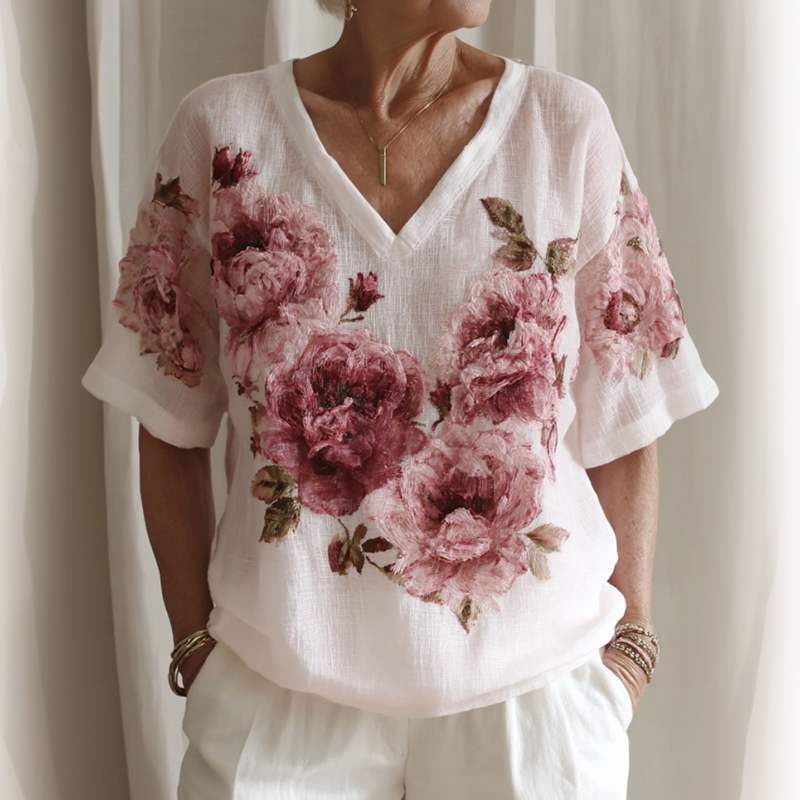 Women's Vintage Floral Print Linen Blend V-neck T-shirt elevenforest