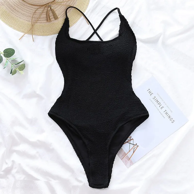 INGAGA Textured Women's Swimsuit One Piece High Cut Swimwear 2022 Backless Bodysuits Sexy Monokini Bathing Suits Solid Beachwear
