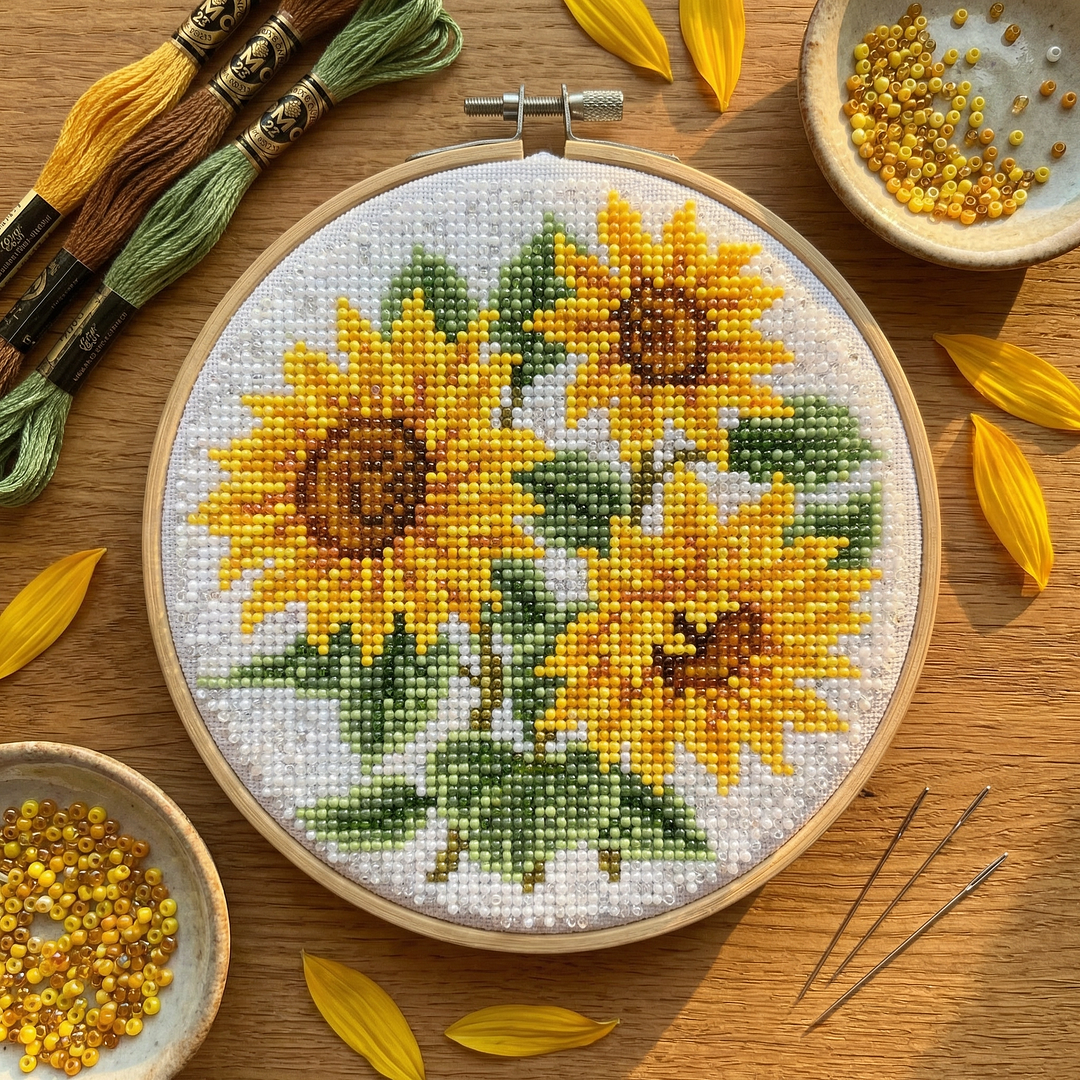 Three Sunflowers-Partial 9CT Stamped Cross Stitch Bead Embroidery 19*19cm