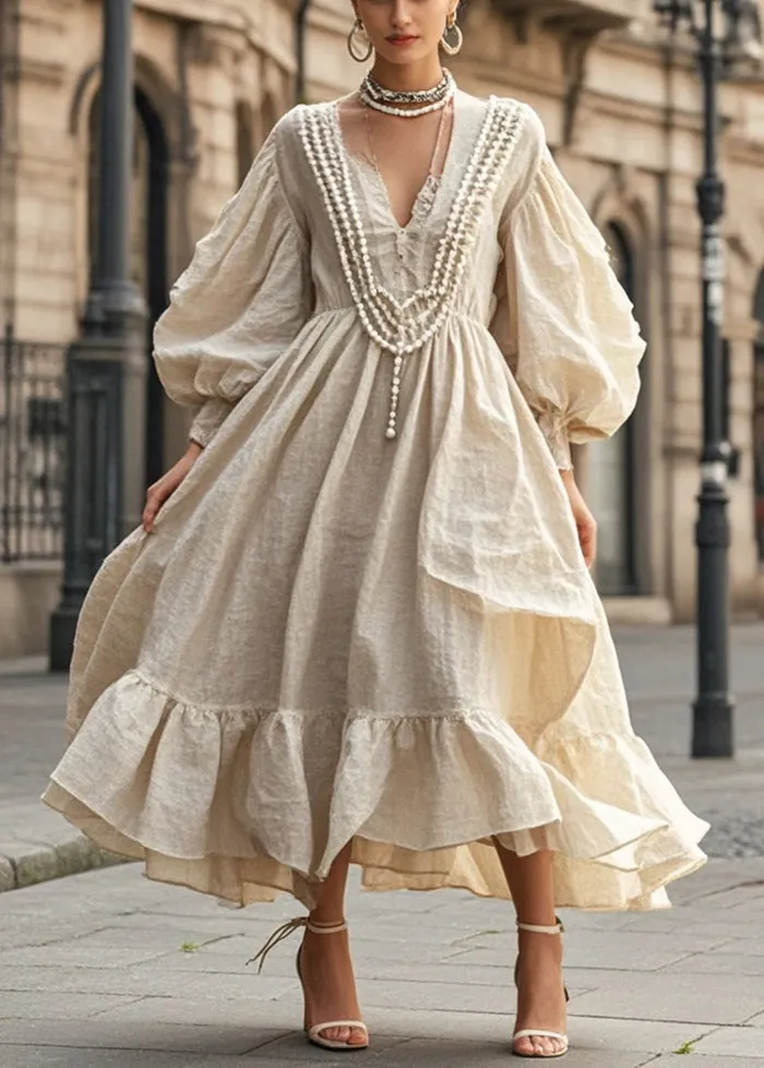 Handmade Nail Bead Exra Large Hem Cotton Party Dress Lantern Sleeve