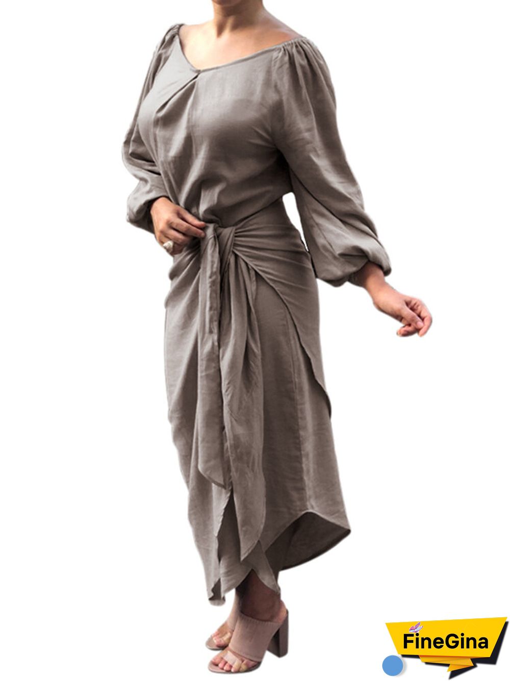 Solid Color Knotted Lantern Long Sleeve Casual Dress for Women