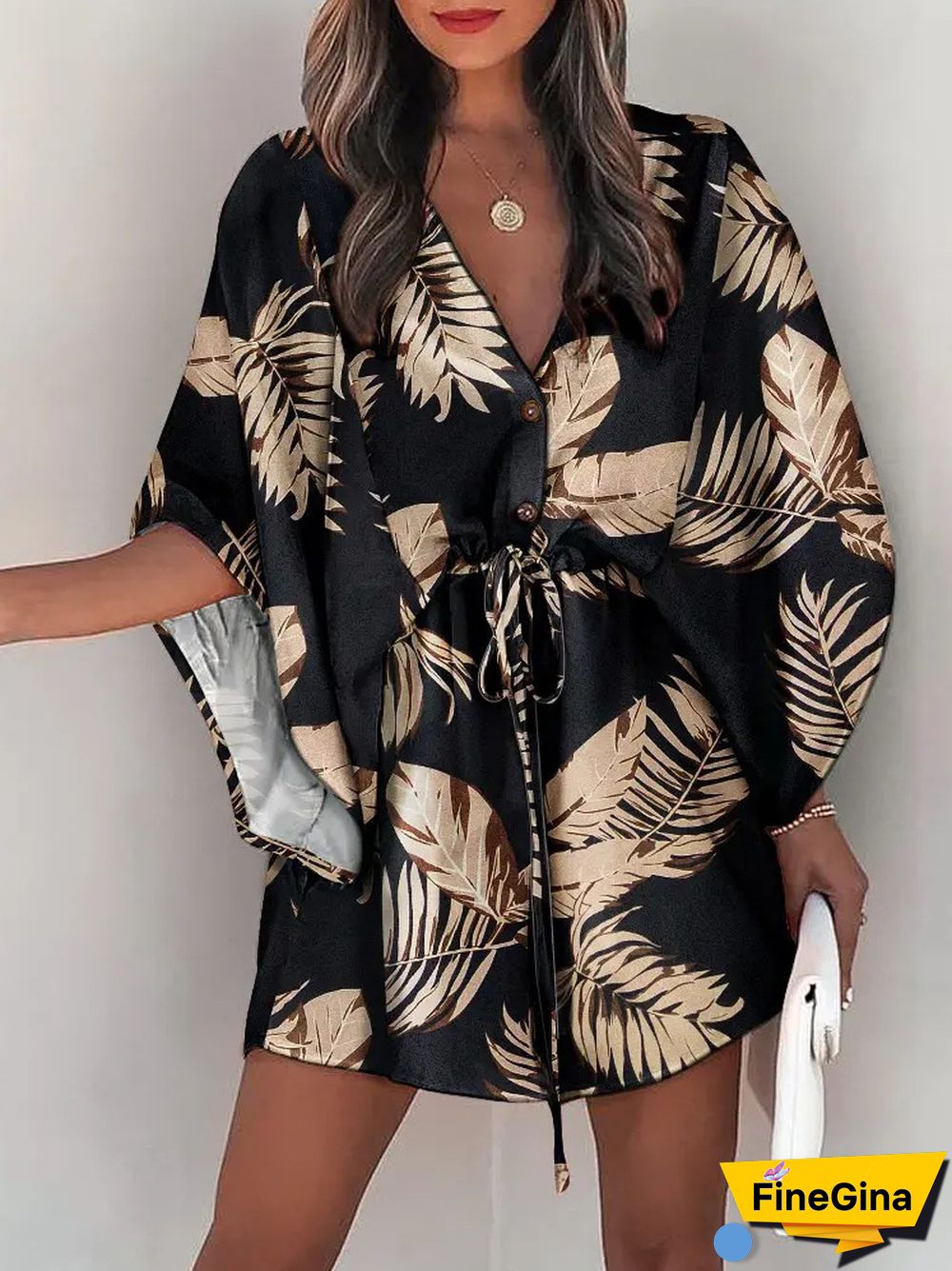 Summer Women's Fashion Holiday Dress Casual Print Flying Sleeve V-Neck Drawstring Mini Loose Dresses For Women Streetwear