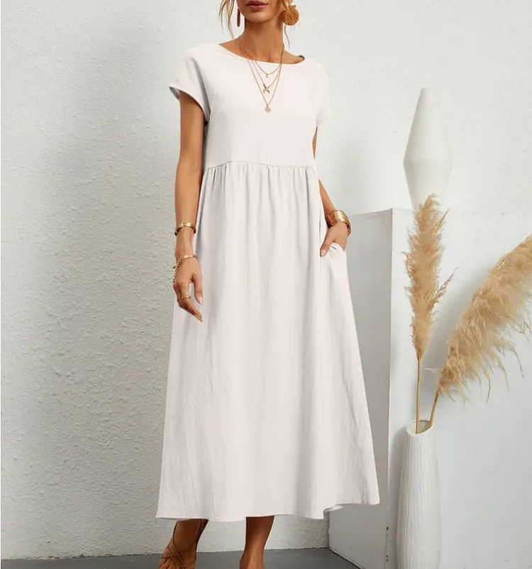 Women Solid Color Short Sleeve Summer Dress With Pocket