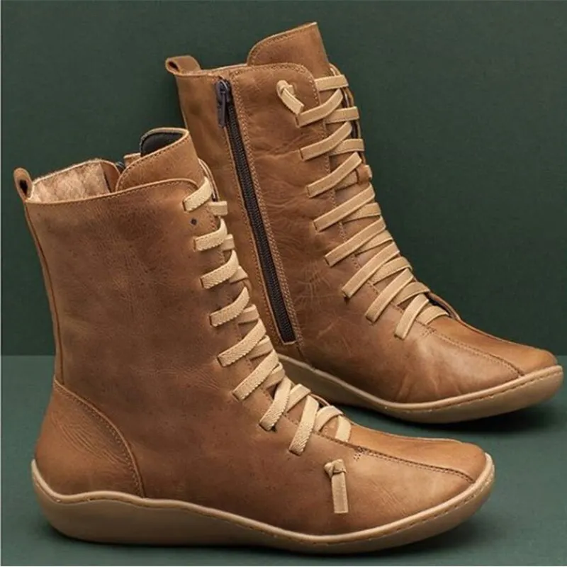 Women Autumn Vintage Zipper Lace Up Ankle Boots Ladies Retro Leather Shoes Woman High Top Shoes Women's Female Fashion Footwear