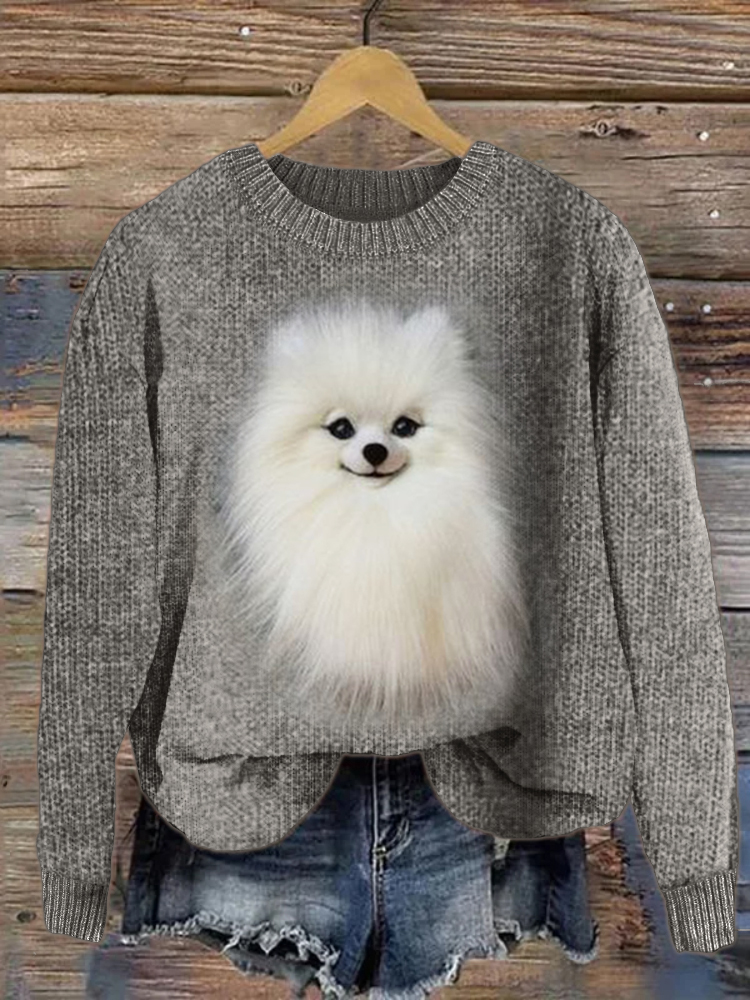White Pom Dog Plush Cozy Knit Sweater elevenforest