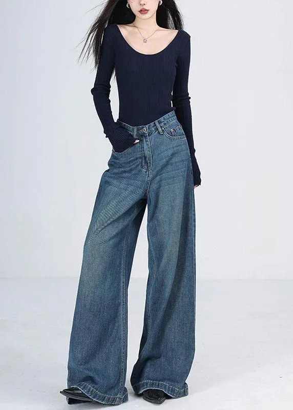Women Blue Pockets High Waist Denim Wide Leg Pants Spring