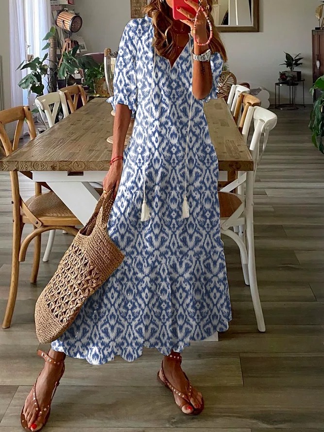 Half Sleeve Floral Fall  Casual Geometric Plus Size Boho Dress