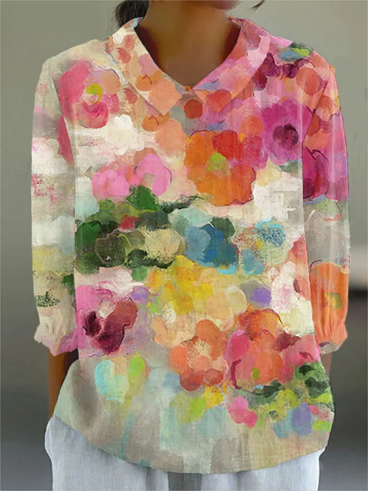 Women'sFloral Art Print Casual Cotton And Linen 3/4 Sleeve Shirt