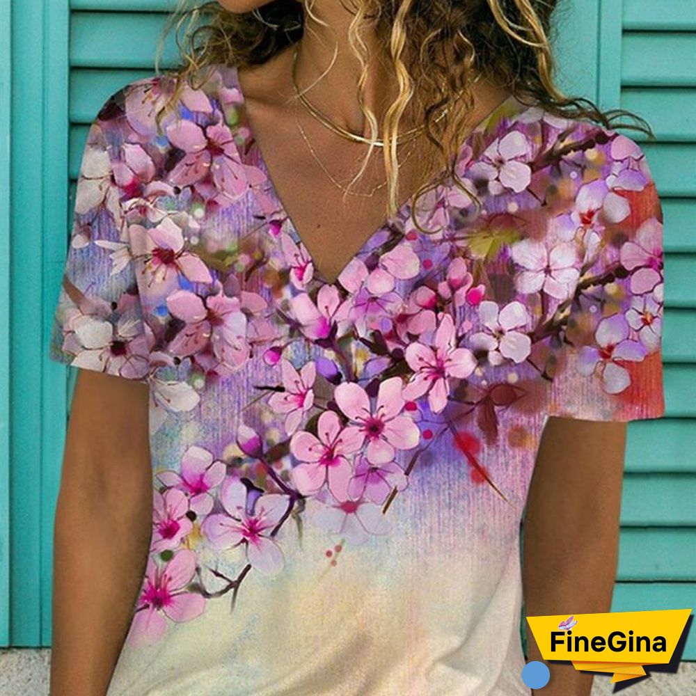 Pink Flower Print V-Neck Daily T-Shirt