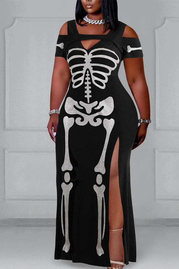 Xpluswear Plus Size Halloween Black Skeleton Print Cold Shoulder Split Maxi Dress 2024 - Xpluswear