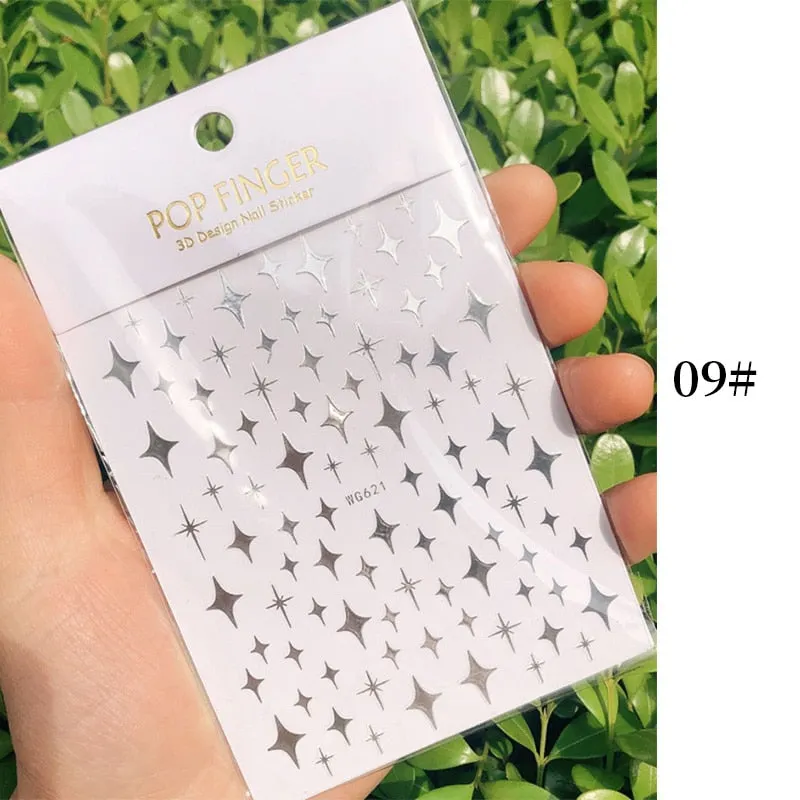 Star Nail Art 3D Stickers Black White Gold Love Hearts Pattern Nail Decals Manicures Nails Design Adhesive Wraps Tip Decoration