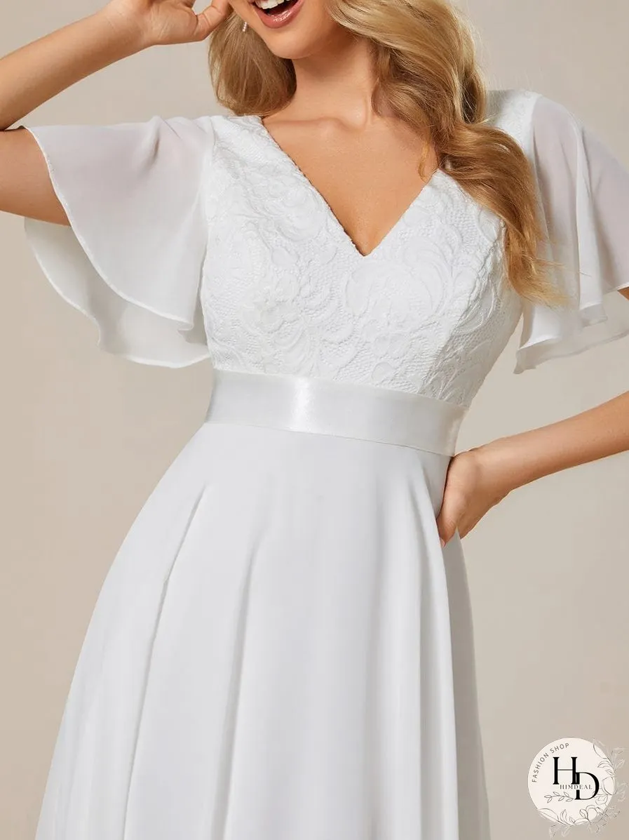 V-Neck Asymmetrical Dress with Short Sleeves