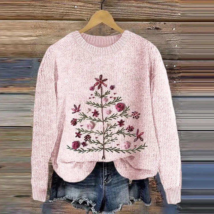 Pink Awareness Christmas Tree Floral Embroidery Cozy Knit Sweater