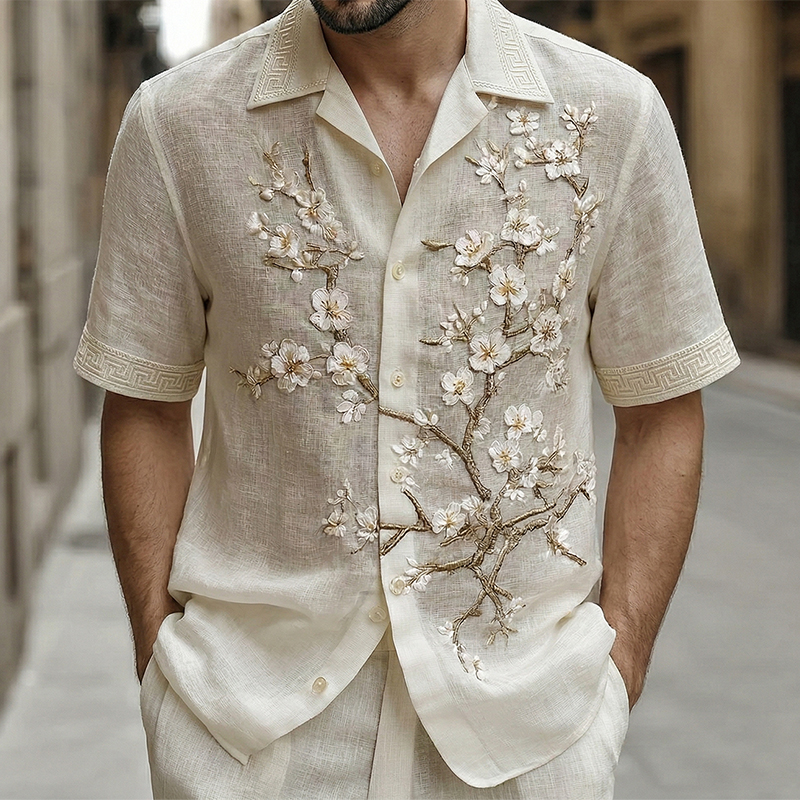 Men's Japanese White Almond Blossom Art Linen Blend Short-sleeve Shirt elevenforest