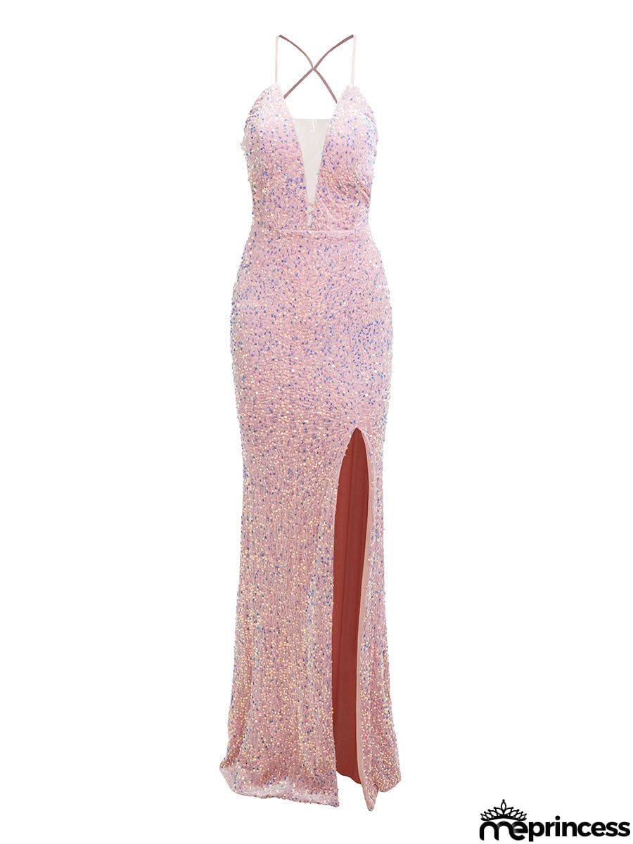 V Neck Open Back Sequin Maxi Black Formal Dress XH1933