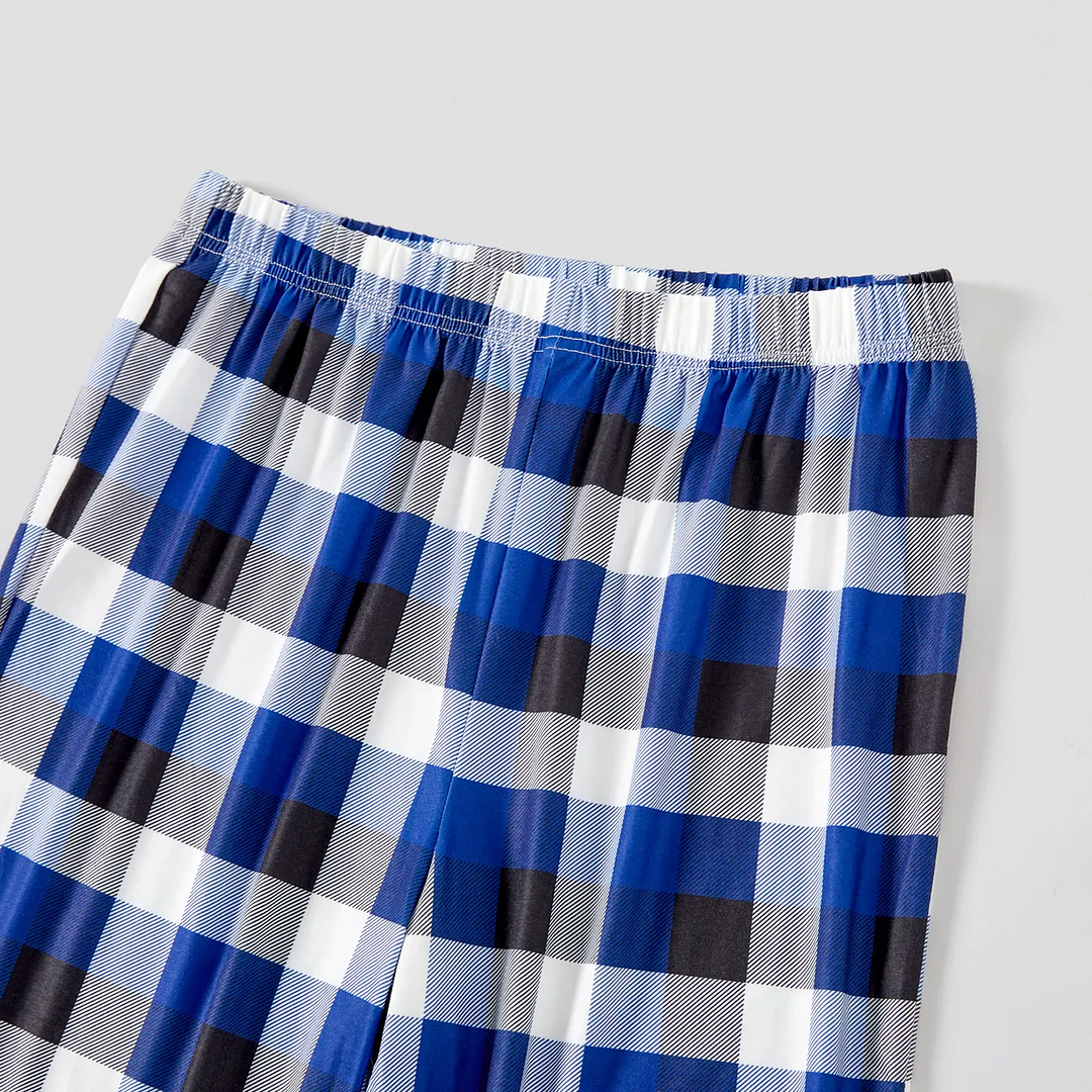 "Merry Whatever" Slogan and Cartoon Pattern Printed Blue and White Plaid Family Matching Pajamas