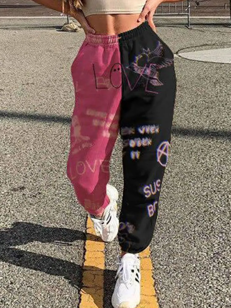 Women Casual Skull Print Patchwork Pants Spring Autumn Elastic Waist Pocket Loose Pencil Pants Female Streetwear Warm Sweatpants