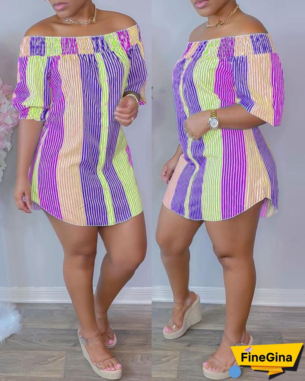 Striped Print Colorblock Shirred Buttoned Casual Dress