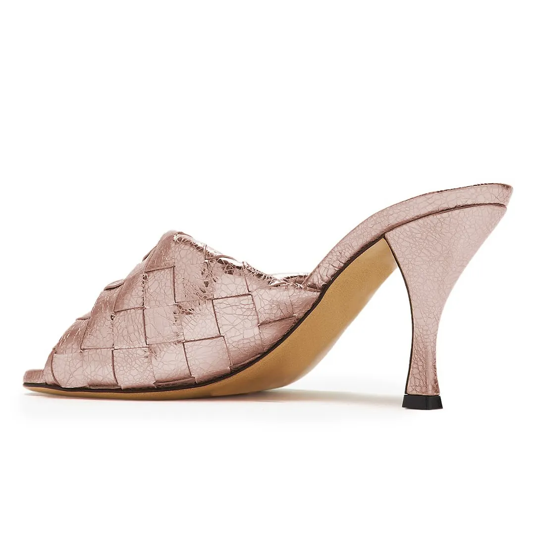 Light Pink Vegan Leather Open Toe Woven Spool Heel Mules Sandals