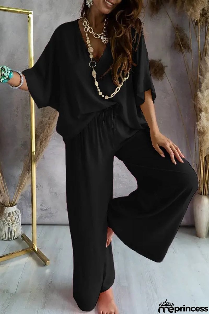 V Neck Bat Blouse Pants Set