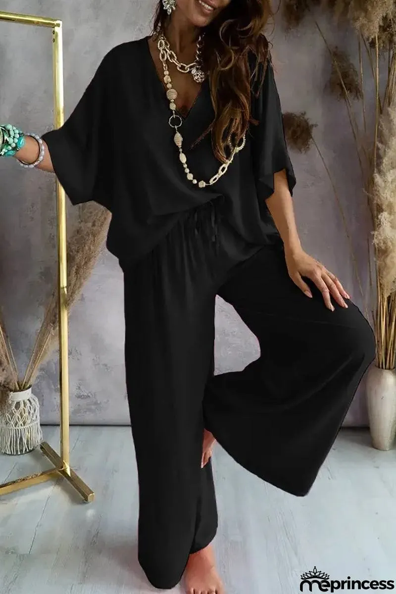 V Neck Bat Blouse Pants Set