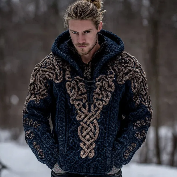 Men's Vintage Celtic Knot Knit Hooded Sweater