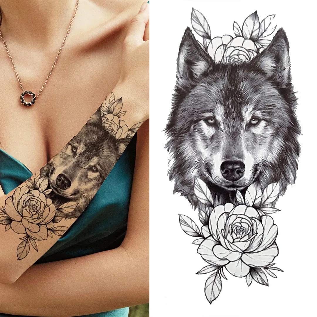 Cross Lion Temporary Tattoo For Women Men Adult Skull Tiger Wolf Forest Tattoo Sticker Black Fake Realistic Demon Tatoos Forearm 530-1