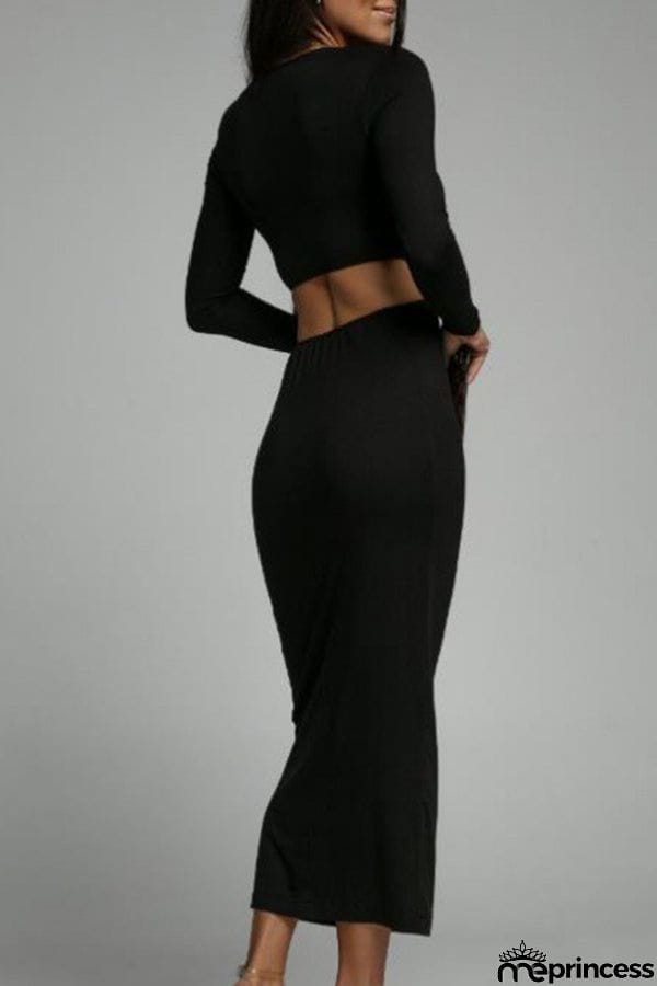 Round neck slim fit solid color slit backless waist dress