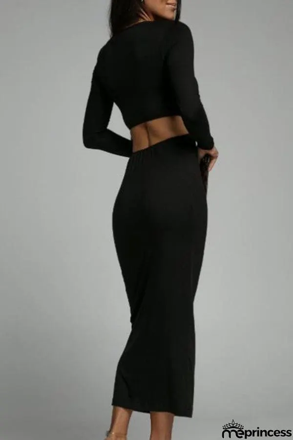 Round neck slim fit solid color slit backless waist dress