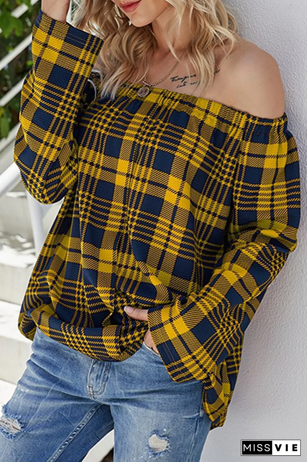 Casual Plaid Split Joint Off the Shoulder Tops