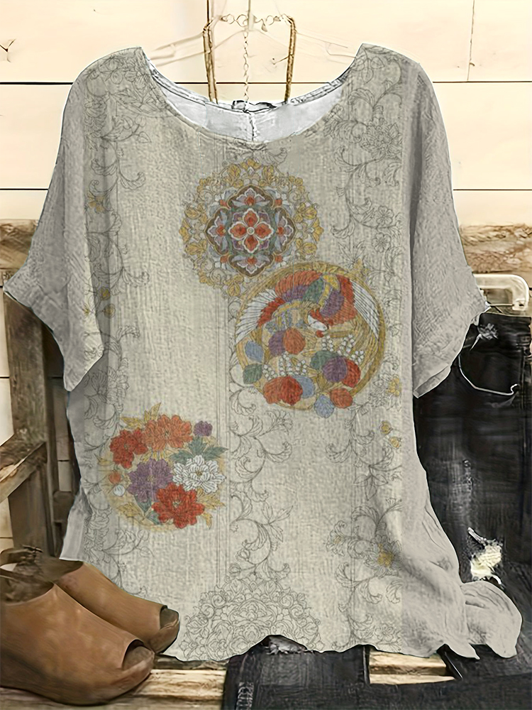 Vintage Floral Art Print Casual Linen Blend Shirt artswardrobe
