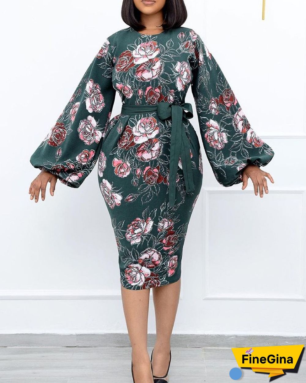 Floral Print Lantern Sleeve Belted Dress