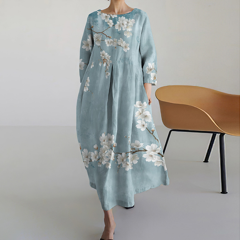 Women's Loose Blossom Printed Cotton Linen Crew Neck Maxi Dress artswardrobe
