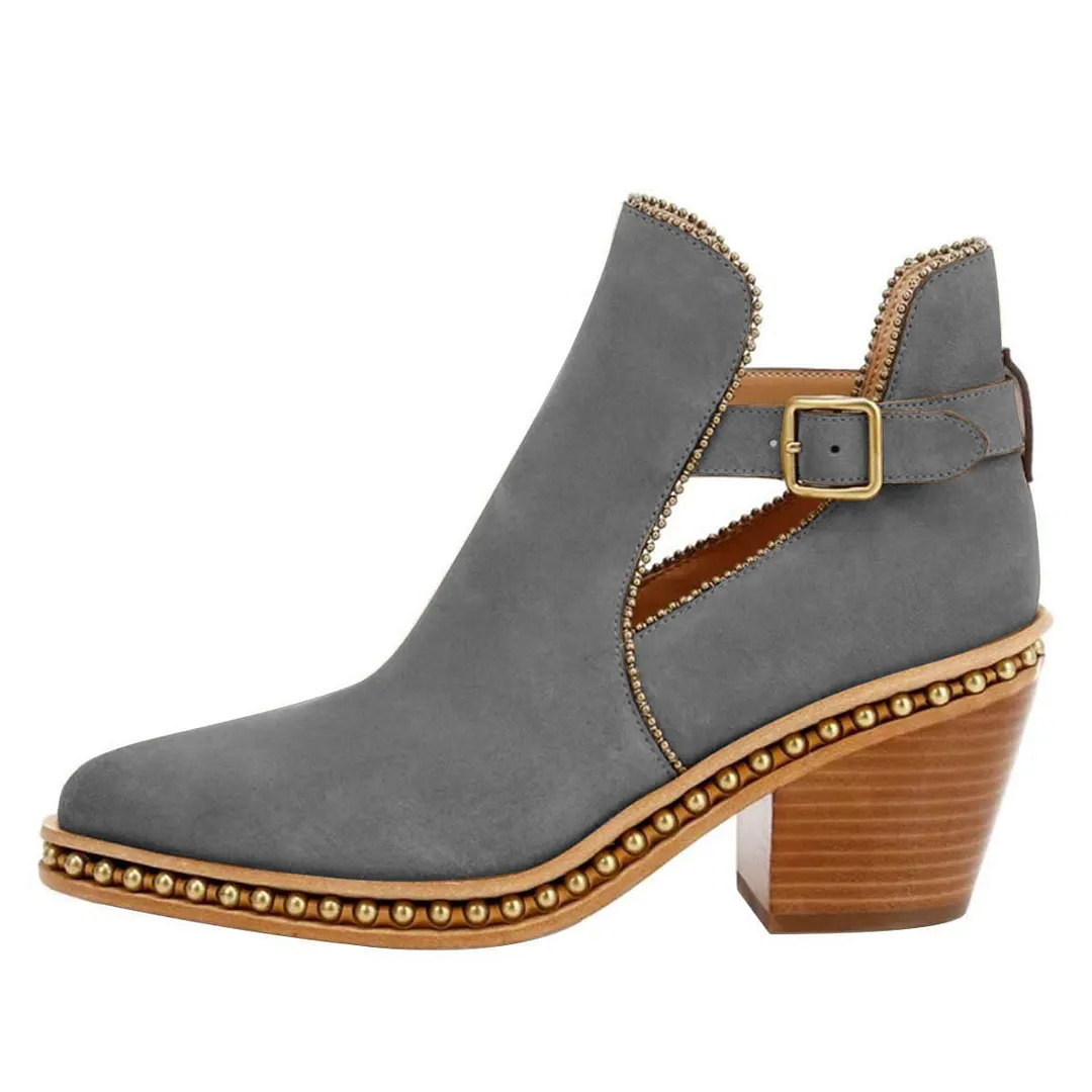 Grey Vegan Suede Studded Stacked Heeled Booties with Buckle Strap