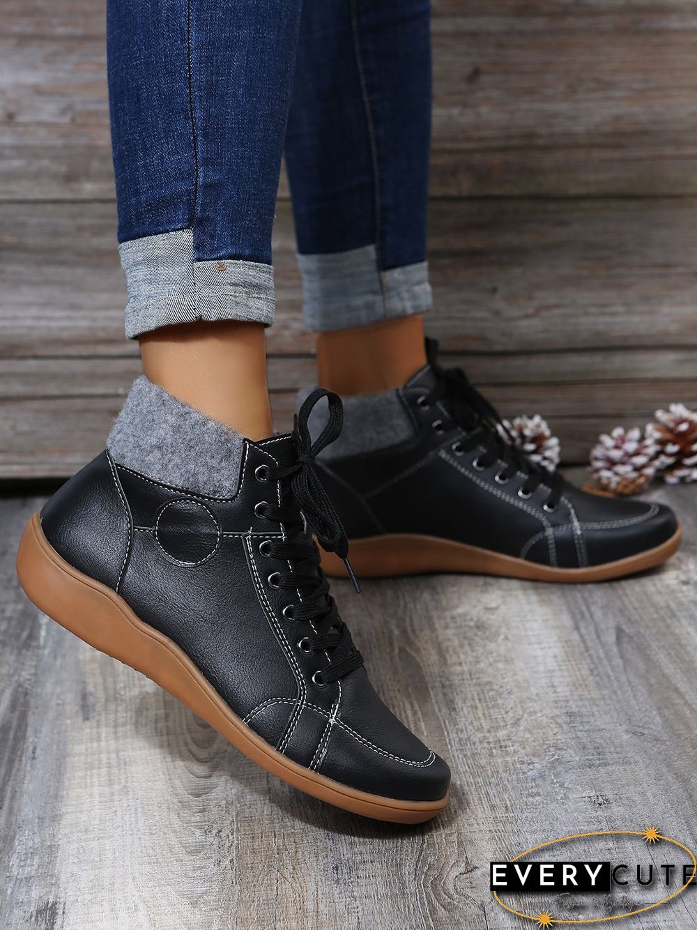 PU Leather Suede Panel Casual Short Boots