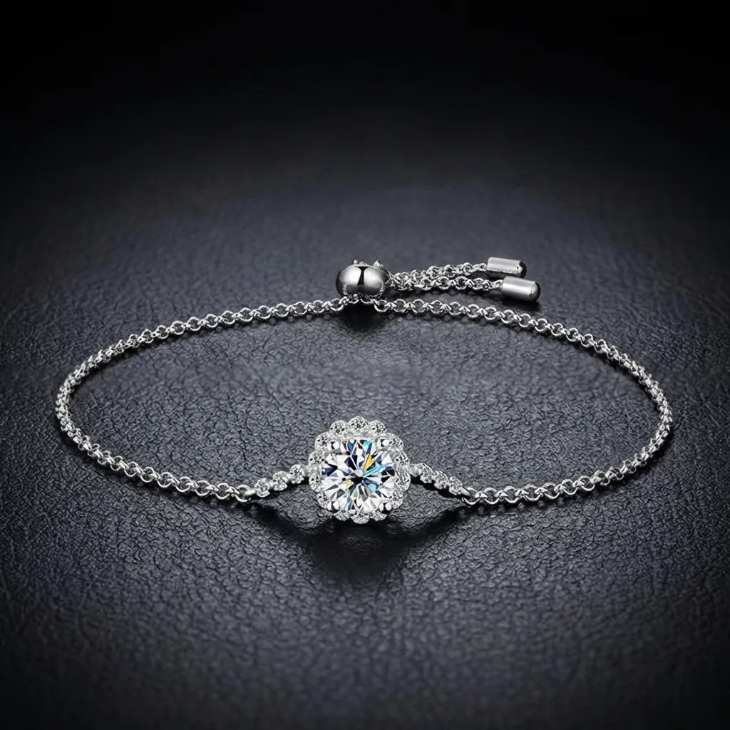 JiStones Celestial Halo 1ct Moissanite Bracelet - Adjustable S925 Sterling Silver Daisy Bangle Brilliant Diamond White-Adjustable Fit