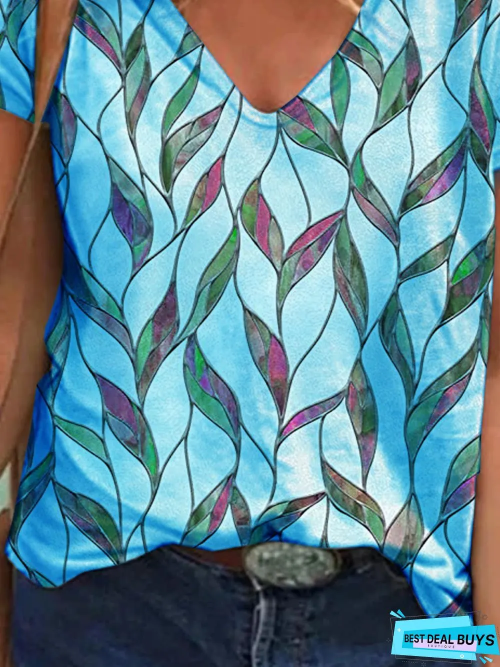 Leaves  Short Sleeve Printed  Cotton-blend  V neck  Vintage Summer  Blue Top