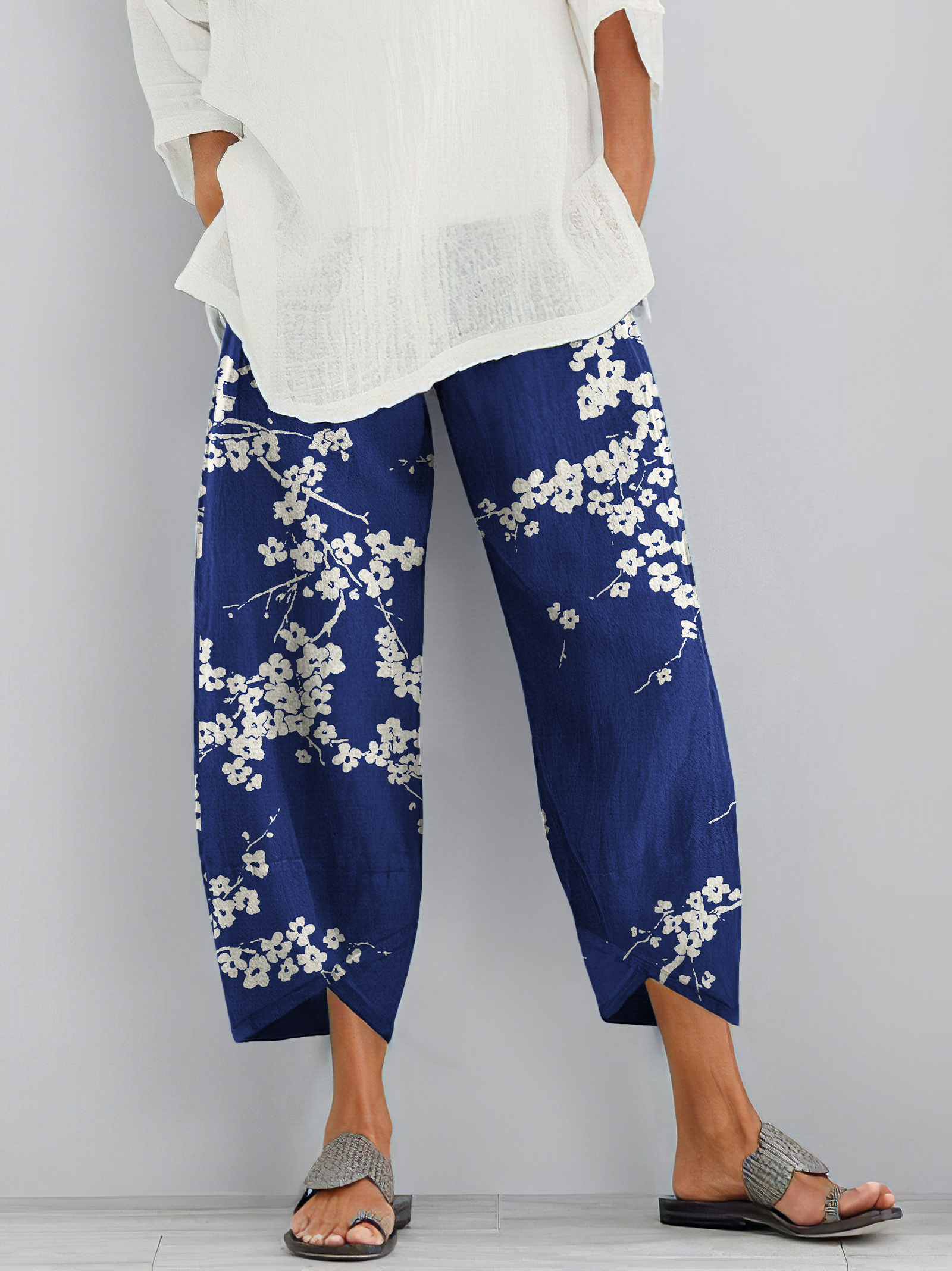 Cherry Blossom Print Loose Casual Pants artswardrobe