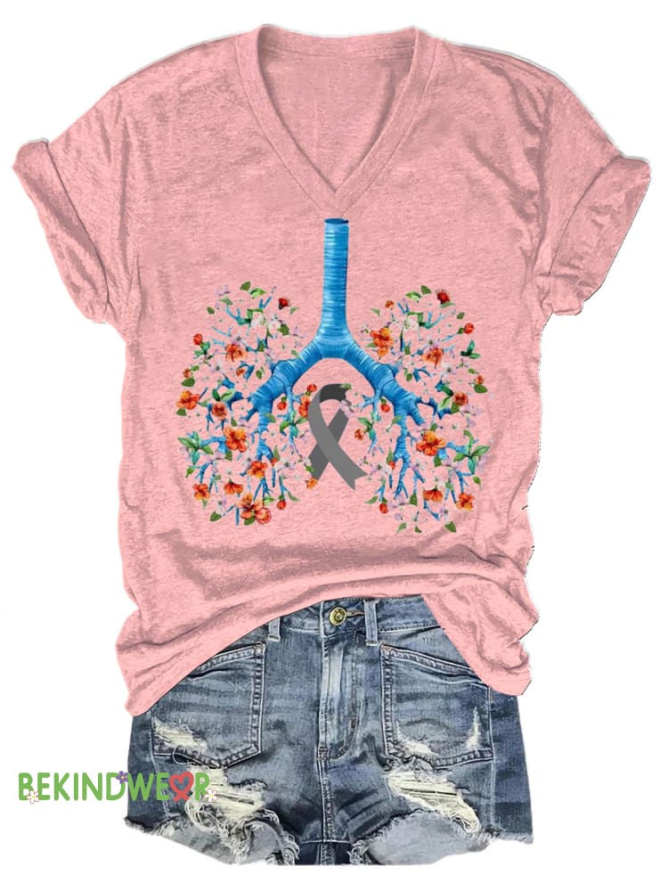 Lungs Floral Asthma Awareness Print Casual V-Neck Short Sleeve T-Shirt Pink / S