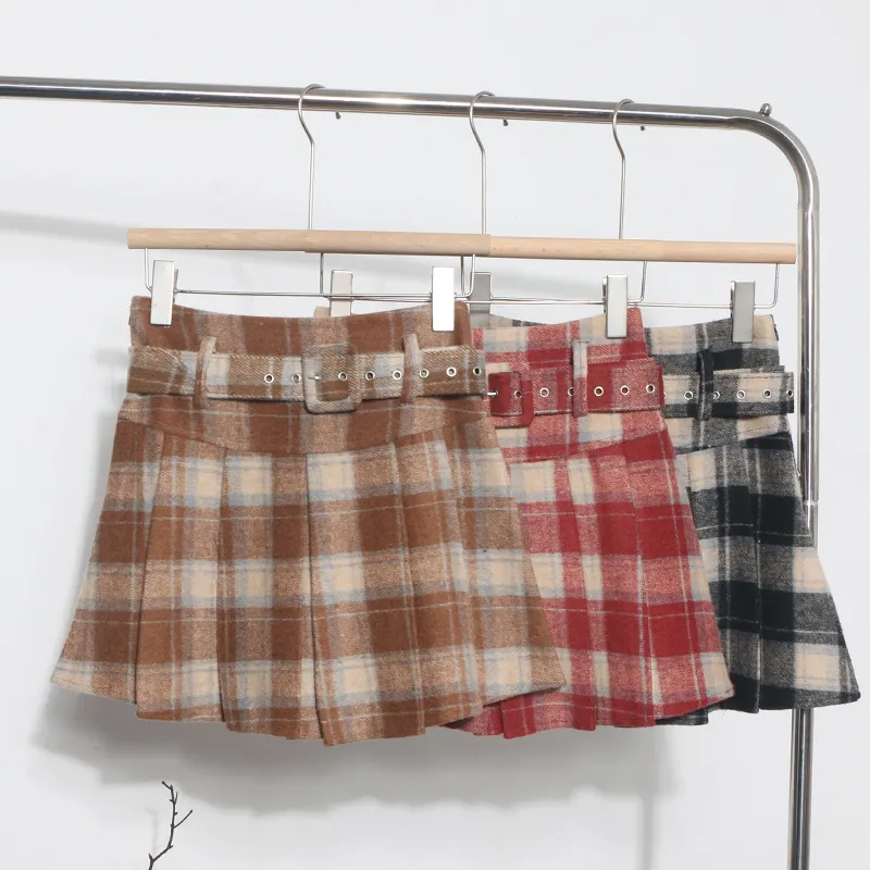 Churchf S-2XL With Belt ~ Lattice Hair Of The Hundred Folded Skirt High Waist Anti-Light Small A-Word Skirt 8382