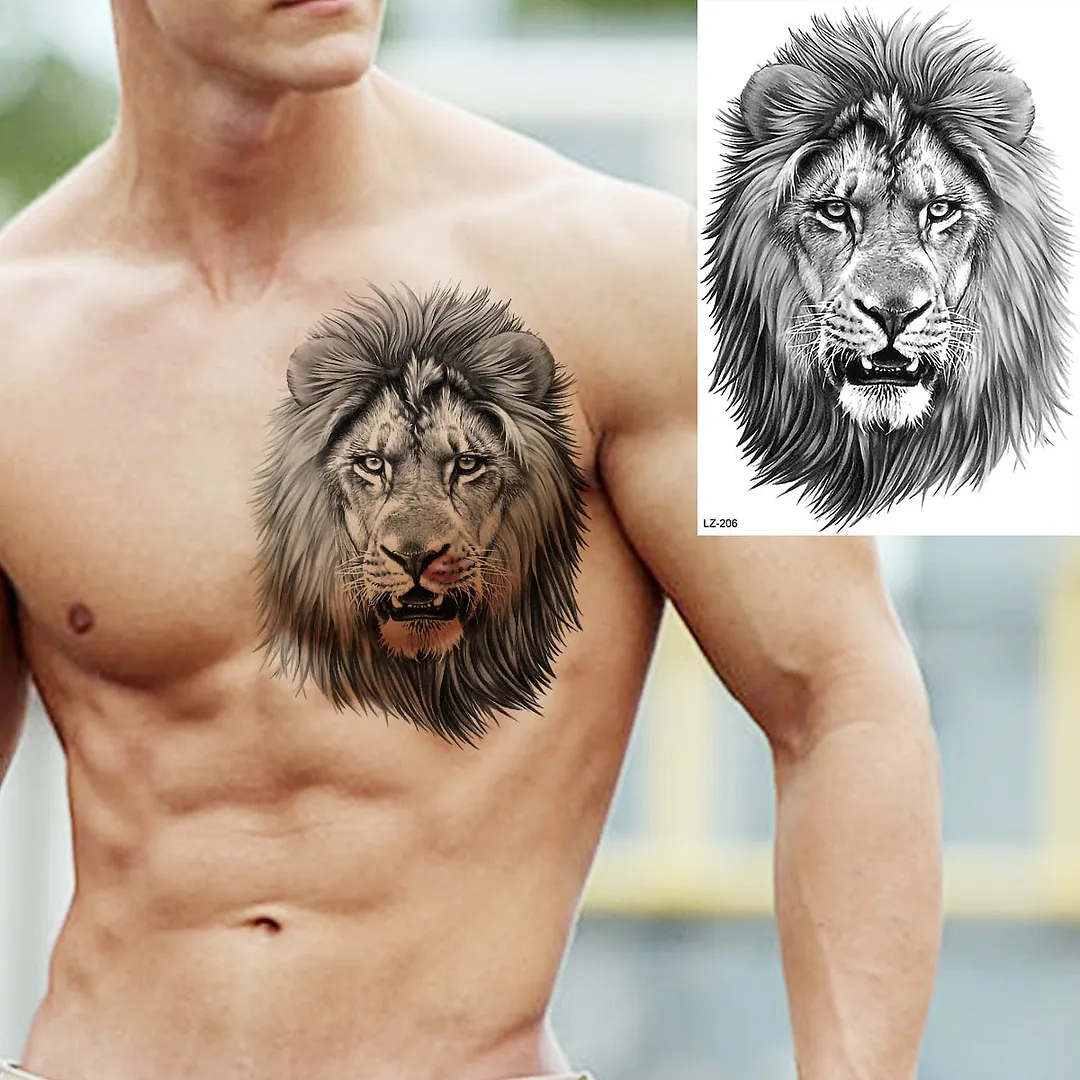 Large Lion Temporary Tattoos For Men Adults Realistic Totem Watercolor Tiger Fake Tattoo Sticker Chest Body Tatoos Waterproof