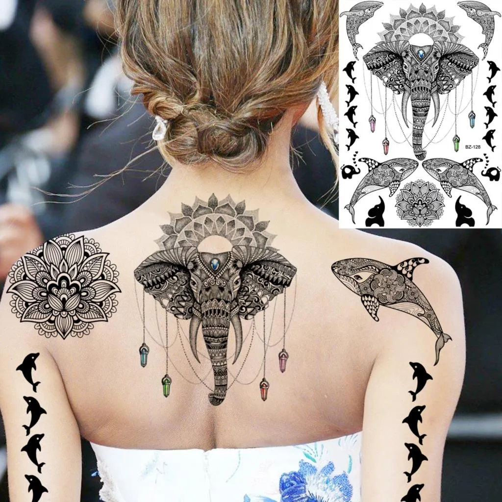 Sdrawing Henna Temporary Tattoos For Women Girls Feather Butterfly DreamCatcher Fake Gem Tattoo Sticker Chest Arm Tatoos Tribal