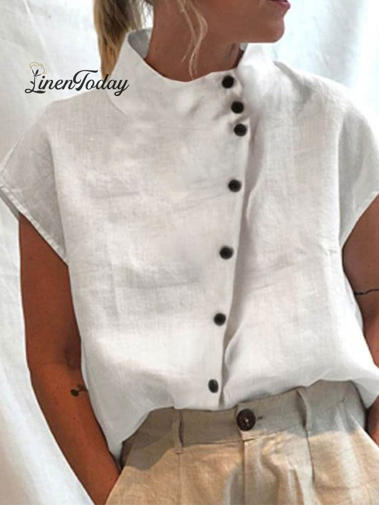 Women&rsquo;s Cotton Linen Stand Collar Casual Shirt White / S