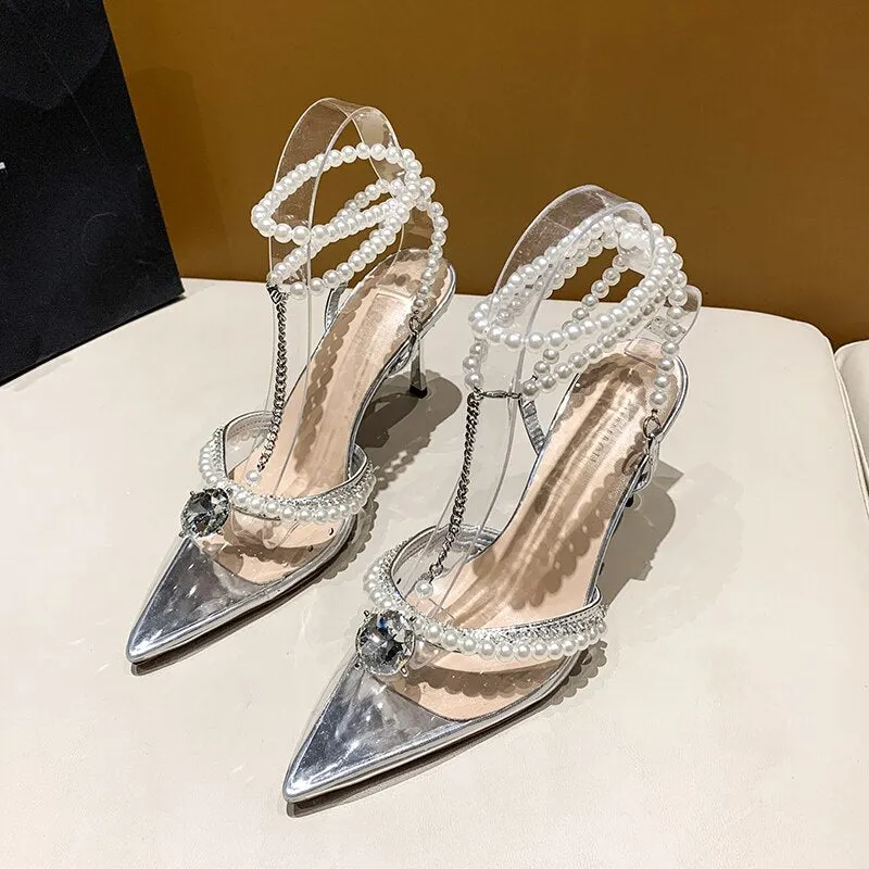 Silver Pearl Ankle Strap High Heels Sandals Women Summer Sexy Pointed Toe Clear PVC Sandals Woman Fashion Rhinestone Party Shoes