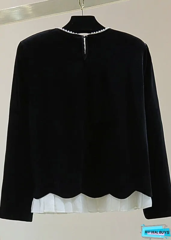 Simple Black O-Neck Nail Bead Silk Velvet Sweater Winter