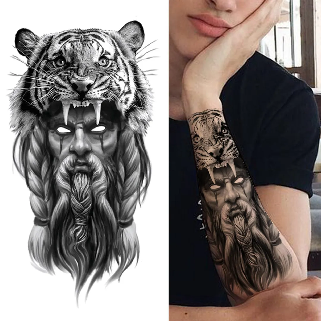 Forest Tiger Temporary Tattoos For Men Women Kids Lion Skull Cross Tattoo Sticker Black Compass Skeleton Tatoos Leg Thigh 1108