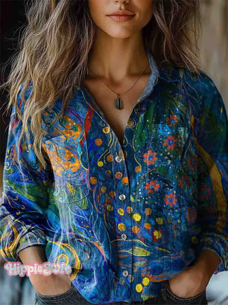Women&rsquo;s Vintage Folk Floral Art Print Long Sleeve Comfortable Cotton Shirt Multicolor / S