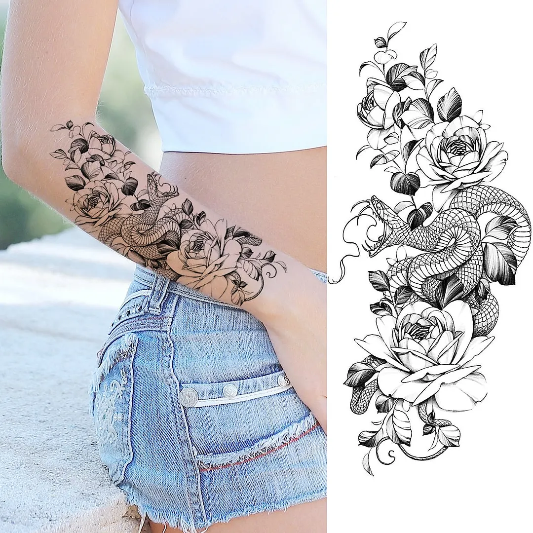 Black Rose Flower Snake Temporary Tattoos For Women Adult Peony Serpent Fake Tattoo Forearm Body Art Painting Waterproof Tatoos