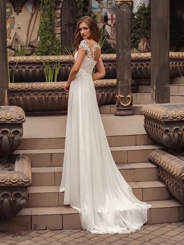 women's A Line Wedding Dress Chiffon Appliques Bride Dresses Open Back