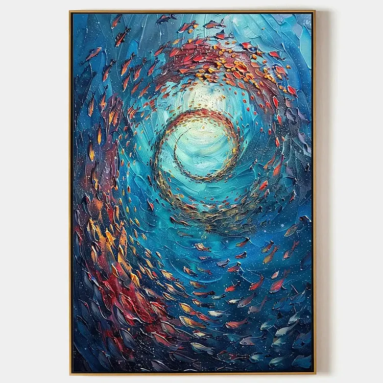 OCEANIC VORTEX: Vertical Fish Painting, Impasto（Canvas painting）